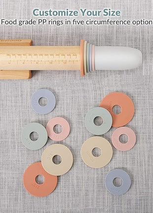 Geesta Adjustable Wood Rolling Pin with 5 Thickness Rings, Precise Dough Roller Handle Press Design with Measurement Guide for Fondant, Pizza, Pie Crust, Cookie, Pastry Baking Decorating Accessories