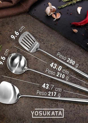 Yosukata 17" Wok Spatula and Ladle and Turner Spatula - Stainless Steel Cooking Utensils Set of 3-304 Stainless Steel Kitchen Utensils Set - Dishwasher Safe Wok Accessories - Cooking Tools