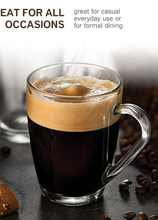 Bormioli Rocco Glass Coffee Mug Set, (6 Pack) 10¾ Ounce with Convenient Handle, Tea Glasses for Hot/Cold Beverages, Thermal Shock Resistant, Tempered Glass, for Cappuccino, Latte, Espresso, clear.