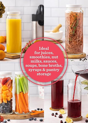 All About Juicing Glass Bottles Set - 32 oz Jars, 4 Pack Wide Mouth with Lids for Juice, Smoothies, Water, Milks, Beverage Storage - Large Jug, Clear, Durable, Reusable, Dishwasher Safe, Leak Proof