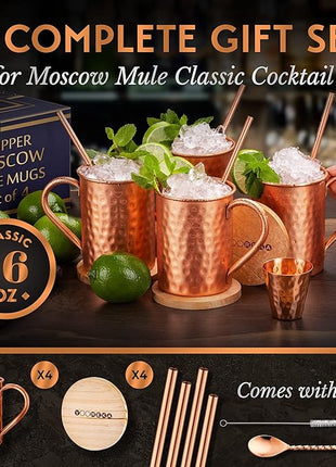 Gift Set Moscow Mule Mugs Set Of 4 16 oz Solid Cooper, 100% Pure Copper Cups Cylindrical Shape HANDCRAFTED, BONUS 4 Straws, 4 Wood Coasters, Stirring Spoon, And Shot Glass (Square)