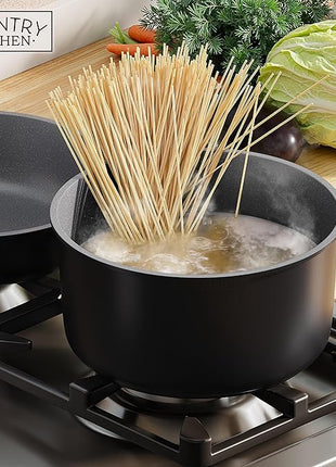 Country Kitchen Cookware Set with Removable Handle, Oven & RV Safe Pots and Pans Set, Black/Grey Wood Handle, Original