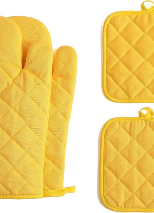 Oven Mitts and Pot Holders 4 pcs Set,High Heat Resistant 500 Degree Extra Thicken Long Kitchen Cotton Oven Glove for Cooking (12 Inch,Yellow)