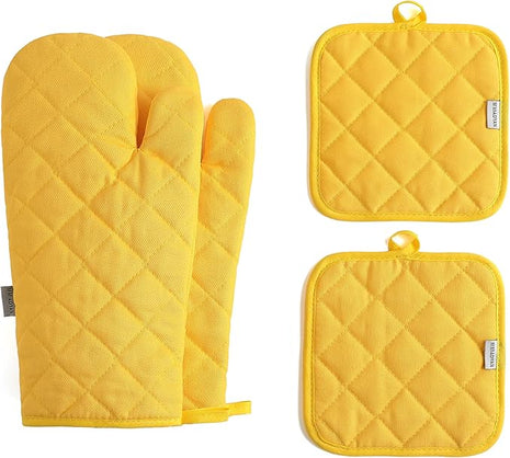 Oven Mitts and Pot Holders 4 pcs Set,High Heat Resistant 500 Degree Extra Thicken Long Kitchen Cotton Oven Glove for Cooking (12 Inch,Yellow)