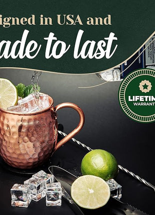 Moscow Mule Copper Mugs Set of 6 (16oz) | Food Grade 100% Pure Copper Cups | Handcrafted w/Lacquered Hammered Finish, Smooth Rounded Lip, Ergonomic Handle (No Rivet) w/Solid Grip