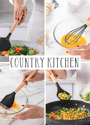 Country Kitchen Non Stick Silicone Utensil Set with Rounded Wood Handles for Cooking and Baking, 14 Piece Set, Black