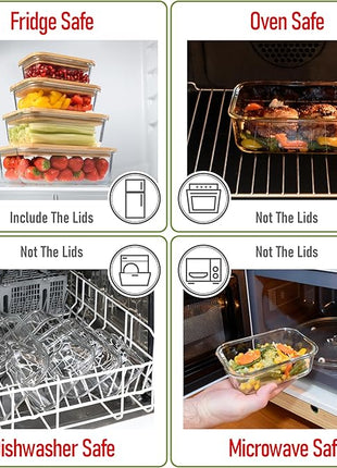Set of 4 Stackable Space-Saving Nesting Glass Containers with Airtight Bamboo Lids - Lunch, Meal & Food Prep - Microwave & Oven Safe BPA Free Durable Heat Resistant Inert Borosilicate Glass