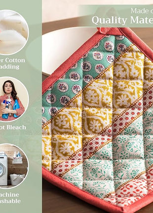 Maison d' Hermine Pot Holders 100% Cotton Heat Resistant Potholders 8" x 8" Hot Pads with Loop BBQ, Cooking, Baking, Grilling, Kitchen, Handling Hot Pans Spring/Summer (Pack of 1, Provence)