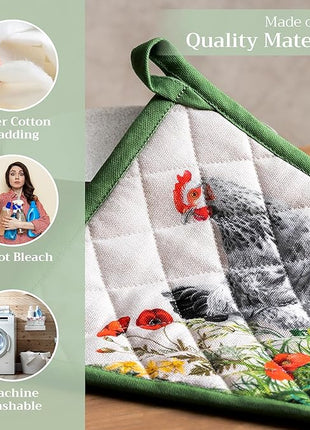 Maison d' Hermine Pot Holders Set 100% Cotton Heat Resistant Potholders 8" x 8" Hot Pads with Loop BBQ, Cooking, Baking, Grilling, Kitchen, Handling Hot Pans Spring/Summer (Pack of 2, Basse Cour)