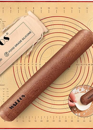 Walfos Mini Rolling Pin Set - Small Natural Wooden Rolling Pins (8inch) With Non-stick Silicone Fiber Baking Mat, Baking Dough Roller for Pizza, Pie, Pasta, Bread, Pastry