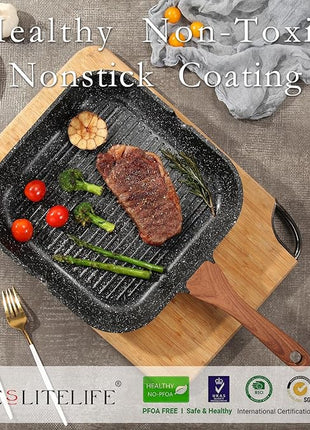 ESLITE LIFE 11 Inch Nonstick Grill Pan for Indoor Cooking, Versatile Induction Square Large Grilling Skillet Steak Pan for Stove Tops, PTFE & PFOA Free, Black