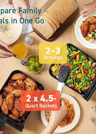 COSORI Dual Air Fryer 9Qt – 10-in-1, Fresh Balanced Meals for Family and Children with Double Baskets, Sync Cook & Finish to Bake, Roast, Reheat, Broil & 130 Recipes for Easy Cooking, Dishwasher Safe