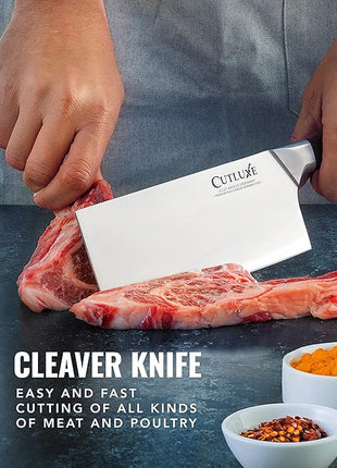 Cutluxe Cleaver Knife - 7" Meat Cleaver, Butcher Knife for Meat Cutting – German Steel Blade, Full Tang, Ergonomic Handle Design – Artisan Series