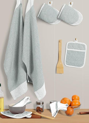 Casa Platino 8-Piece Mini Oven Mitt & Pot Holder Set – 500°F Heat Resistant with Silicone Grip, Includes 2 Kitchen Towels & 2 Dish Cloths for Drying – Non-Slip, Durable, Machine Washable – Grey