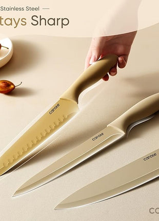 CAROTE 12 Pieces Kitchen Knife Set, Stainless Steel Knife Set With Nonstick Ceramic Coating, Dishwasher Safe with 6 Blade Guards, Rustproof, Brown