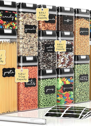 Simply Gourmet Airtight Food Storage Containers with Lids – 14 Piece Assorted Size Kitchen Pantry Organization Set, BPA-Free Clear Plastic, Stackable Containers for Cereal, Flour, Sugar, Rice, Snacks