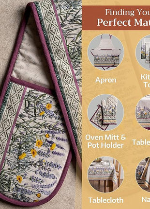 Maison d' Hermine Double Oven Mitts 100% Cotton 7"x35" Double Oven Mitt Heat Resistant BBQ Cooking Gloves with Loop, Baking, Grilling, Home, Kitchen, Handling Hot Pans Spring Summer (Fanny Lavender)