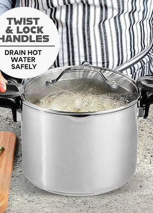 GOTHAM STEEL 8 Qt Stainless Steel Stock Pot Multipurpose Pasta Pot with Strainer Lid & Twist and Lock Handles, for Soup, Spaghetti, Rice, Induction Ready, Dishwasher Safe
