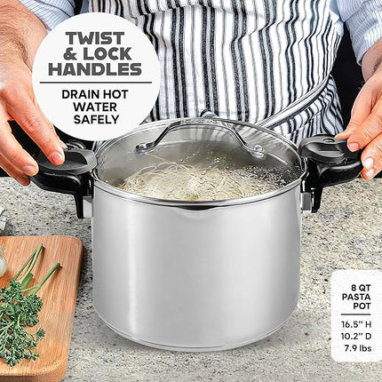 GOTHAM STEEL 5 Qt Stainless Steel Stock Pot Multipurpose Pasta Pot with Strainer Lid & Twist and Lock Handles, for Soup, Spaghetti, Rice, Induction Ready, Dishwasher Safe