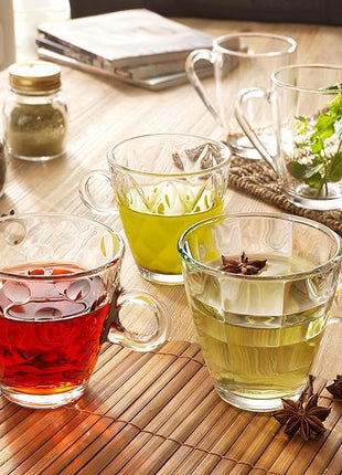 Bormioli Rocco Glass Coffee Mug Set, (6 Pack) 10¾ Ounce with Convenient Handle, Tea Glasses for Hot/Cold Beverages, Thermal Shock Resistant, Tempered Glass, for Cappuccino, Latte, Espresso, clear.