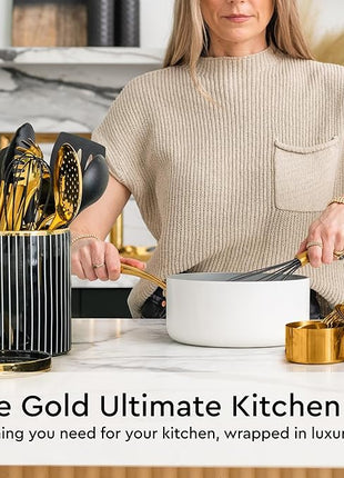Black and Gold Kitchen Utensils Set - 19-PC Set Includes Stainless Steel and Silicone Cooking Utensils, Measuring Cups and Spoons - Black and Gold Kitchen Accessories for Stylish Cooking & Serving