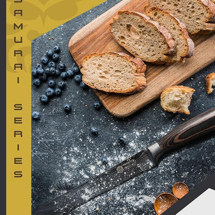 KESSAKU Serrated Bread Knife - 8 inch - Samurai Series - Razor Sharp Kitchen Knife - Forged 7Cr17MoV High Carbon Stainless Steel - Wood Handle with Blade Guard
