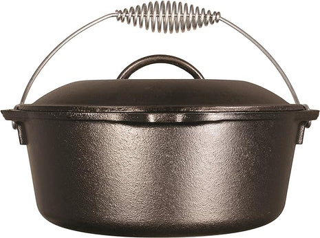 Lodge 5 Quart Pre-Seasoned Cast Iron Dutch Oven with Lid - Wire Bail Handle for Easy Transfer from Cooking Surface to Table - Use in the Oven, on the Stove, on the Grill or over the Campfire - Black