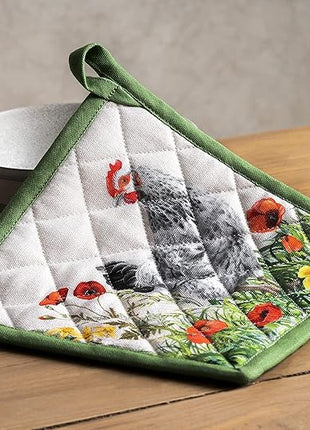 Maison d' Hermine 100% Cotton Oven Mitt & Pot Holder Set (7.5"x13" & 8"x8") Heat Resistant BBQ Cooking Gloves with Loop, Baking, Grilling, Kitchen, Handling Hot Pans Spring/Summer (Basse Cour)