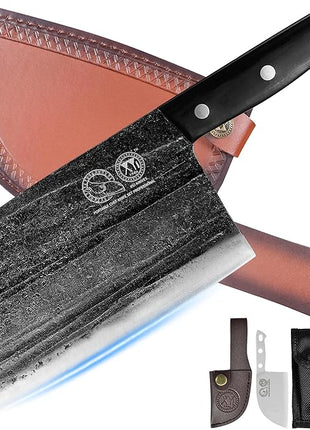 XYJ Authentic Since 1986,Outstanding Ancient Forging, 7.5 Inch Full Tang, Serbian Chefs knife,Chef Meat Cleaver,Kitchen Knives,Set with Leather Sheath,Take Carrying,Butcher