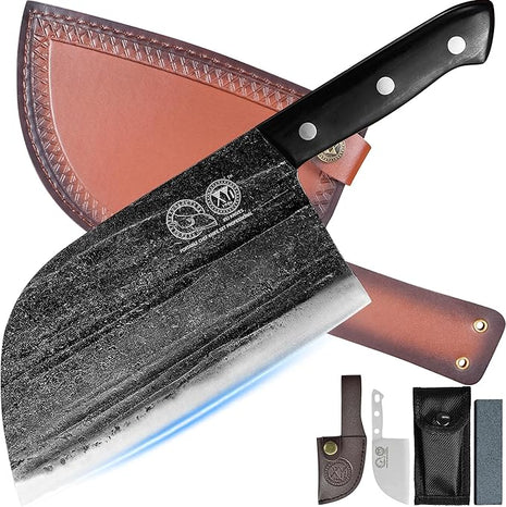 XYJ Authentic Since 1986,Outstanding Ancient Forging, 7.5 Inch Full Tang, Serbian Chefs knife,Chef Meat Cleaver,Kitchen Knives,Set with Leather Sheath,Take Carrying,Butcher