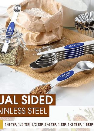 Spring Chef Stainless Steel Magnetic Measuring Spoons Set of 8 with Leveler, Heavy Duty Teaspoon & Tablespoon Measuring Spoons With Strong N45 Magnets, Kitchen Gadgets for Baking & Cooking - Sapphire