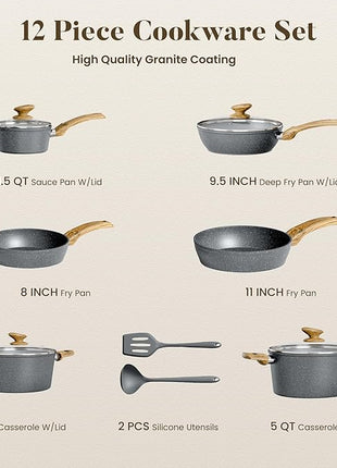 Kitchen Academy Induction Cookware Sets - 12 Piece Gray Cooking Pan Set, Granite Nonstick Pots and Pans Set