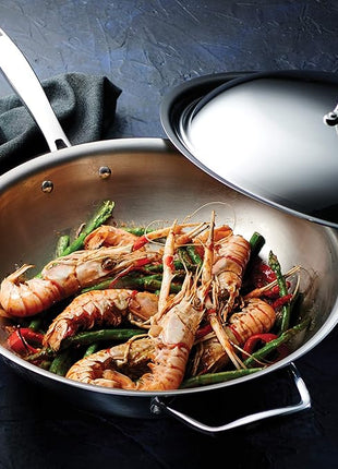 Tramontina Signature Tri-Ply Clad Stainless Steel 12.5-Inch Wok with lid, Induction-Ready, Dishwasher-Safe, NSF-Certified, Made in Brazil