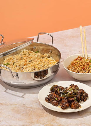 Vinod Stainless Steel Kadai with Glass Lid Extra Thick SAS Heavy Base Kadai for Cooking Induction and Gas Compatible 125 oz 10.14 in 2-Year Silver