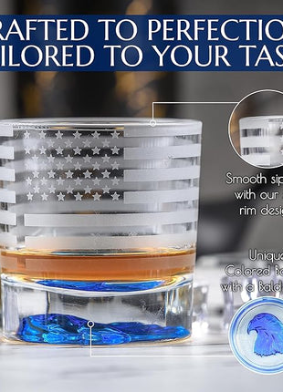 Greenline Goods American Flag Decor USA Glasses - With Patriotic Eagle - (Set of 2) 10 Oz Tumbler Set - America Themed Whiskey Set - Colored 3D Eagle Heavy Glass Base