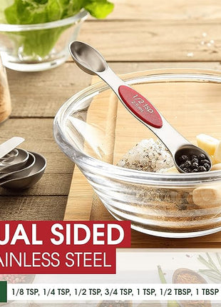 Spring Chef Red Stainless Steel Magnetic Measuring Spoons Set of 8 with Leveler, Metal Teaspoon & Tablespoon Measuring Spoons with Strong Magnets, Kitchen Gadgets for Baking & Cooking - Set of 2