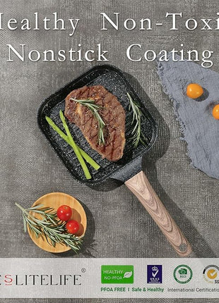 ESLITE LIFE 7 Inch Nonstick Small Grill Pan for Indoor Cooking, Versatile Induction Square Grilling Skillet Steak Pan for Stove Tops, PTFE & PFOA Free, Black