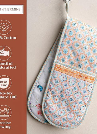 Maison d' Hermine Double Oven Mitts 100% Cotton 7"x35" Double Oven Mitt Heat Resistant BBQ Cooking Gloves with Loop, Baking, Grilling, Home, Kitchen, Handling Hot Pans Spring Summer (Summer Whisper)