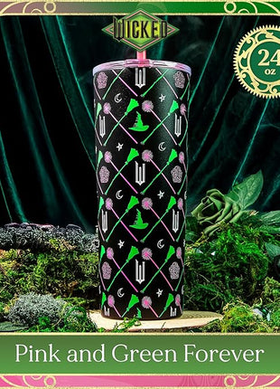Dragon Glassware x WICKED Vacuum Insulated Tumbler with Lid and Straw - 24 oz Tumbler Cup with 2 Straws - Stainless Steel Tumbler with Straw for Water, Iced Tea - Wicked Movie Green Tumbler with Straw