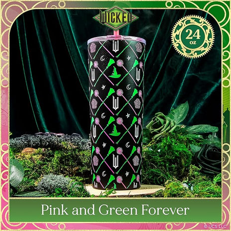 Dragon Glassware x WICKED Vacuum Insulated Tumbler with Lid and Straw - 24 oz Tumbler Cup with 2 Straws - Stainless Steel Tumbler with Straw for Water, Iced Tea - Wicked Movie Green Tumbler with Straw