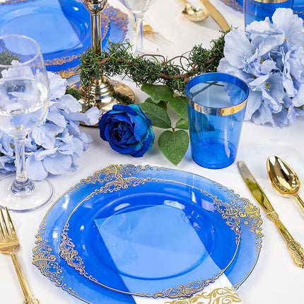 Nervure 350PCS Blue Plastic Plates - Blue Plastic Dinnerware Sets for 50 Guests - 100 Disposable Plates, 150 Gold Silverware, 50 Cups, 50 Napkins for Wedding & Party & Thanksgiving Day