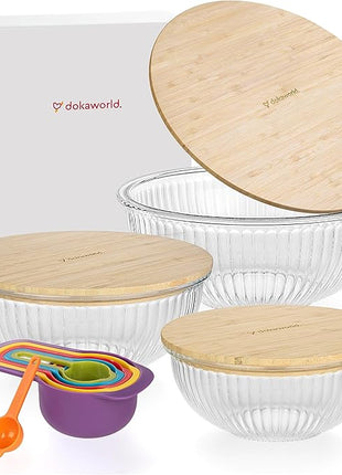 Stackable Space-Saving Nesting Set of 3 Glass Bowls with Bamboo Lids for Foodprep, Storage, Mixing & Cooking - Microwave & Oven Safe BPA Free Durable Heat Resistant Inert Borosilicate Glass