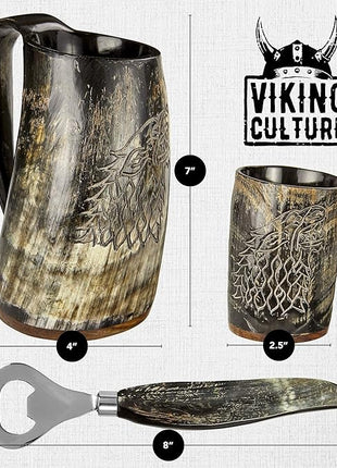 Viking Culture Ox Horn Mug, Shot Glass, and Bottle Opener (3 Pc. Set) Authentic 16-oz. Ale, Mead, and Beer Tankard | Vintage Stein with Handle | Custom Intricate Design - Natural Finish | The Ring