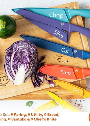 MasterChef Kitchen Knives Set with Covers incl. Paring, Boning, Carving, Bread, Santoku & Chef Knife, Sharp Cutting Stainless Steel Blades with Sheaths, 12 Piece (6 Colored Knives & 6 Covers)