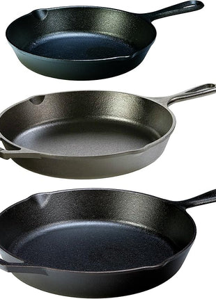 Lodge Seasoned Cast Iron 3 Skillet Bundle. 12 Inches and 10.25 Inches with 8 Inch Set of 3 Cast Iron Frying Pans