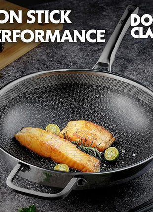 Wok pan,Hybrid 13 inch Wok with Lid, PFOA Free Cookware,non stick Stainless Steel Woks & Stir-fry pans Nonstick, Dishwasher and Oven Safe, Works on Induction