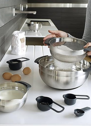 Joseph Joseph Nest 9 Plus, 9 Piece Compact Food Preparation Set with Mixing Bowls, Measuring Cups, Sieve and Colander, Stainless Steel
