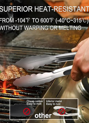 Anaeat Stainless Steel Locking Tong Set of 3 - Premium 7, 9 and 12 inch Kitchen Food Tongs with Non-Slip Silicone Tips and Grip for Serving, Cooking, Baking and BBQ - Heavy Duty & Heat Resistant