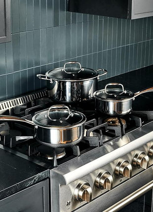 HexClad Hybrid Nonstick 6-Piece Pot Set with 2 Silicone Trivets, 2, 3, and 8-Quart Pots with Tempered Glass Lids, Stay-Cool Handles, Dishwasher-Friendly, Induction Ready, Compatible with All Cooktops