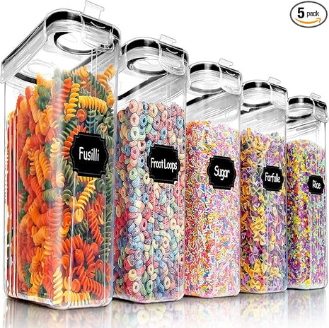 PRAKI 5PCS Cereal Containers Storage Set, BPA Free Airtight Food Storage Container Set with Lids, Kitchen Pantry Organization and Storage for Sugar, Baking Supplies with 20 Labels & Mark(4L Black)
